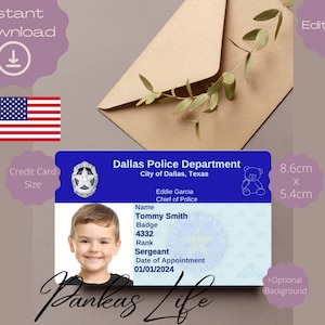 Fantasiespel VS politie-ID voor kinderen, sjabloon politiebadge Dallas Texas, afdrukbaar speelgoed bewerkbare licentie, fantasierijk spel