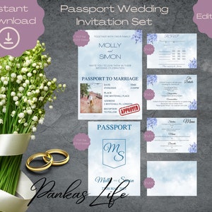 Druckbare Pass Hochzeitseinladung Vorlage Set, Hochzeitspass-Einladungs-Set, Hochzeit zum Thema Hochzeit, Hochzeit am Urlaubsort