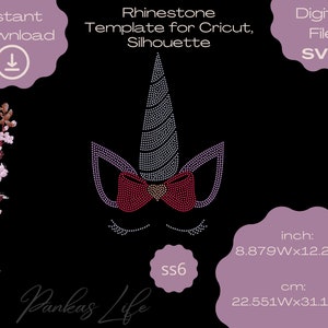 May include: Rhinestone template for Cricut or Silhouette, featuring a unicorn with a bow. The design is 8.879 inches wide by 12.249 inches high.  The template is for digital download and comes in SVG format.