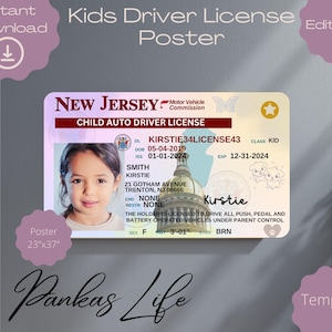 New Jersey rijbewijs poster voor kinderen, Amerikaans rijbewijs sjabloon, afdrukbaar speelgoed bewerkbare wanddecoratie 37,18 x 23,32