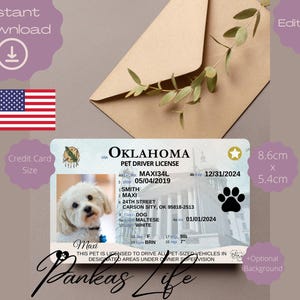 Bewerkbaar fantasiespel VS rijbewijs voor huisdieren, Oklahoma rijbewijssjabloon dier afdrukbaar speelgoedlicentie, hondenrijbewijs huisdier-ID
