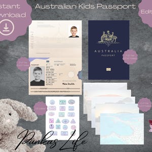 Bewerkbaar fantasiespel Australisch kinderpaspoort, afdrukbare paspoortomslag, reisstempels, tijd voor avontuur, reisbenodigdheden voor peuters