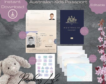 Editable Pretend Play Australian Kids Passport, Printable Passport Cover, Travel Stamps,  Adventure Time, Toddler Travel Essentials