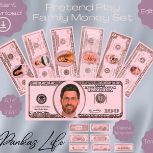 Pretend Play Pink Money For Kids, Face On Money Template, Printable Toy Editable US Dollar Bills, Personalised Family Gift, Party Favors