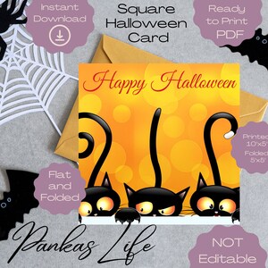 Carte de vœux imprimable d’Halloween, Éphémères d’Halloween, Carte d’Halloween carrée, Trick Or Treat, Chats noirs, Carte d’Halloween drôle, Effrayant