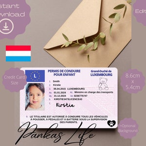 Luxemburgs rijbewijs voor kinderen, bewerkbaar fantasiespel-rijbewijssjabloon, afdrukbaar speelgoedlicentie, blijven rijden, kinderführerschein