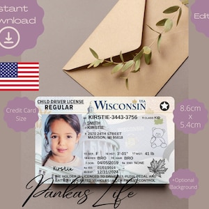Pretend Play Usa rijbewijs voor kinderen, Wisconsin rijbewijssjabloon, afdrukbaar speelgoed bewerkbaar blijven rijden, geslaagd voor autorijden