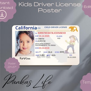 Californië rijbewijs poster voor kinderen, Amerikaans rijbewijs sjabloon, afdrukbaar speelgoed bewerkbare wanddecoratie 37,18 x 23,32