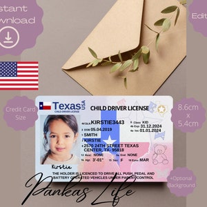 Pretend Play Usa rijbewijs voor kinderen, Texas rijbewijssjabloon, afdrukbaar speelgoed bewerkbaar, blijven rijden, geslaagd voor autorijden
