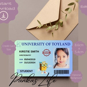 Bewerkbare fantasiespel studentenkaart voor kinderen, ID-sjabloon speelgoeduniversiteit, afdrukbare peuteraccessoires, kinderlicentie, rollenspel
