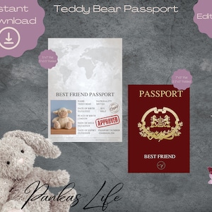 Teddybeer beste vriend paspoort reisaccessoires bewerkbaar fantasiespel voor kinderen, afdrukbare speelgoedlicentie, tijd voor avontuur, reizen plushie