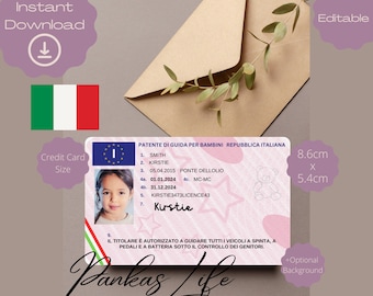 Patente di guida italiana per giochi di finzione per bambini, modello di patente di guida, patente per giocattoli stampabile modificabile Continua a guidare, Guida con superamento