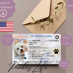 Bewerkbaar Pretend Play Usa rijbewijs voor huisdieren, Indiana rijbewijssjabloon, afdrukbare dierenspeelgoedlicentie, hondenrijbewijs huisdier-ID