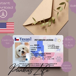 Bewerkbare Pretend Play Usa rijbewijs voor huisdieren, Texas rijbewijssjabloon, afdrukbare dierenspeelgoedlicentie, hondenrijbewijs, huisdier-ID
