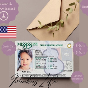 Pretend Play Usa rijbewijs voor kinderen, Mississippi-rijbewijssjabloon, afdrukbaar speelgoed bewerkbaar, blijf rijden, peuterspeelgoed