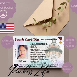 Fantasiespel South Carolina rijbewijs voor kinderen, Amerikaans rijbewijssjabloon, afdrukbaar speelgoed bewerkbaar peuterspeelgoed, kleuterschoolspullen