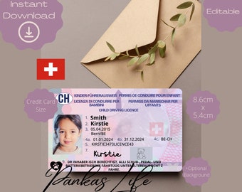 Carteira de Habilitação Suíça para Crianças, Modelo de Carteira de Habilitação de Brincadeira de Faz de Conta, Carteira de Habilitação de Brinquedo Imprimível Editável Continue Dirigindo, Brinquedos para Crianças