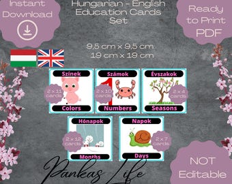 Hungarian English Bilingual Educational Cards Set, Cute Digital Flashcards, Homeschool Printable Language Learning Digital Cards Bundle