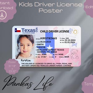 Bewerkbare fantasiespel Texas-rijbewijsposter voor kinderen, Amerikaans rijbewijssjabloon, afdrukbaar speelgoed bewerkbare muurdecoratie 37,18 x 23,32
