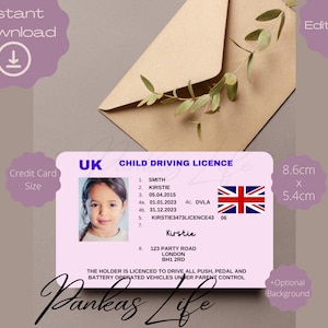 Bewerkbaar fantasiespel Brits rijbewijs voor kinderen, rijbewijssjabloon, afdrukbaar speelgoedlicentie Bewerkbaar blijven rijden, geslaagd voor autorijden