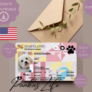 Bewerkbaar Pretend Play Usa-rijbewijs voor huisdieren, Maryland-rijsjabloon, afdrukbaar speelgoedlicentie dieren, hondenrijbewijs, huisdier-ID