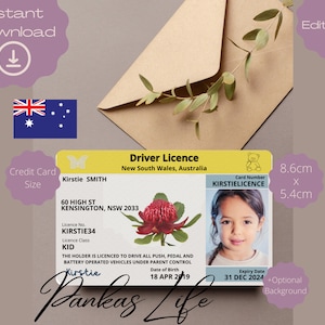 Fantasiespel Australisch rijbewijs voor kinderen, rijbewijssjabloon New South Wales, afdrukbaar speelgoed bewerkbaar blijven rijden, peuterspeelgoed
