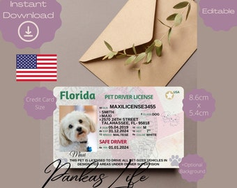 Editable Pretend Play Usa Driver Licence For Pets, Florida Driving Licence Template, Animal Printable Toy Licence Dog Driver License Pet Id