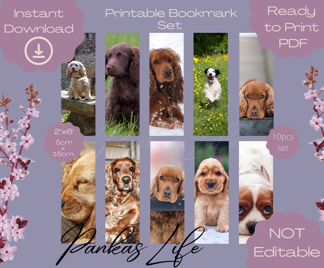 Cocker Spaniel Dog Bookmark Set, Printable Bookmarks for Dog Dad ...
