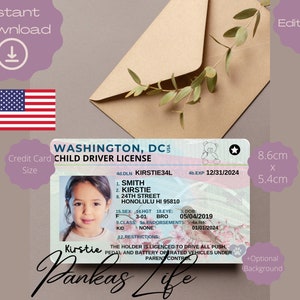 Pretend Play Usa rijbewijs voor kinderen, Washington DC rijbewijssjabloon, afdrukbaar speelgoed bewerkbaar blijven rijden, geslaagd voor autorijden