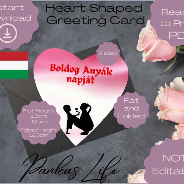 Ungarische Muttertagskarte, Anyák Napi Kártya, druckbare herzförmige Happy Mother's Day Grußkarte, Boldog Anyák Napját