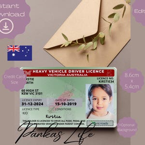 Fantasiespel Australië rijbewijs voor kinderen, Victoria Heavy rijbewijssjabloon, afdrukbaar speelgoed bewerkbaar, blijf rijden, peuterspeelgoed