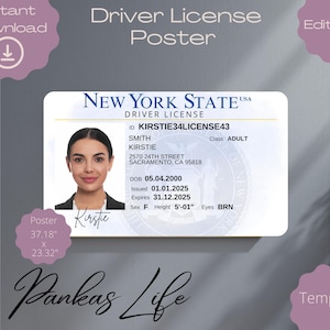 Póster infantil de licencia de conducir de Nueva York para simular, plantilla de licencia de conducir de EE. UU., juguete imprimible y editable, decoración de pared de 94,5 x 59,5 cm