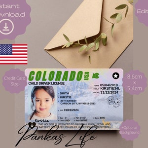 Finja jogar carteira de motorista dos EUA para crianças, modelo de carteira de motorista do Colorado, brinquedo para impressão editável continue dirigindo, brinquedo para crianças