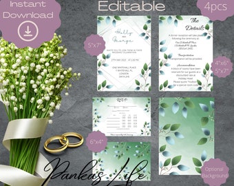 Green Leaf Minimalist Wedding Invite Canva Template, All In One Wedding Invitation Suite, Cheap Invitations, Eucalyptus Invite Set