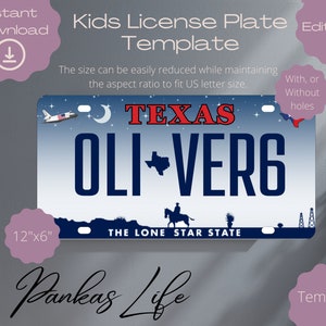 Bewerkbare fantasiespel VS kentekenplaat voor kinderen Texas kinderkamer decorsjabloon Afdrukbare stuurprogramma-accessoires, peuterspeelgoed, doe-het-zelf knutselen