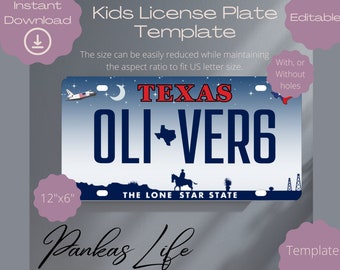 Matrícula de EE. UU. editable para niños, plantilla de decoración de habitación infantil de Texas, accesorios para conductores, juguetes para niños pequeños, manualidades de bricolaje