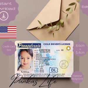 Pretend Play Usa rijbewijs voor kinderen, sjabloon rijbewijs Pennsylvania, afdrukbaar speelgoed bewerkbaar blijven rijden, geslaagd voor autorijden