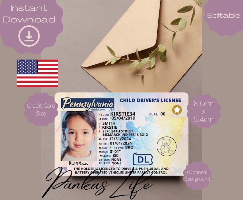 Pretend Play Usa Driver License for Kids, Pennsylvania Driving Licence ...