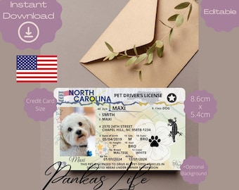Licencia de conducir estadounidense editable para mascotas, plantilla de licencia de conducir de Carolina del Norte, licencia imprimible para animales, identificación de mascota para conductor de perro