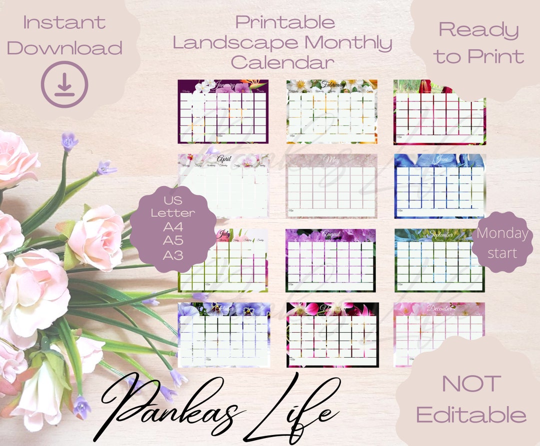 Printable Blank Monthly Calendar Floral Large Wall Calendar - Etsy