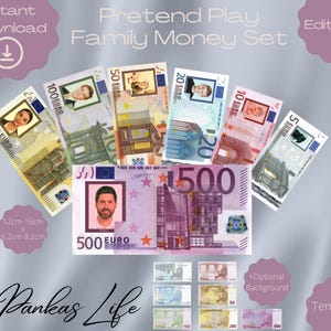 Pretend Play Money For Kids, Face On Money Template, Printable Toy Editable Euros, Personalised Family Gift, Party Favors, Prop Money