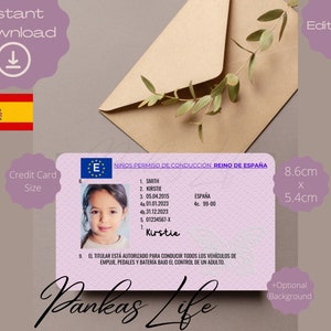 Licencia de conducir española de juego de simulación editable para niños, plantilla de licencia de conducir, licencia de juguete imprimible editable seguir conduciendo, conducción aprobada