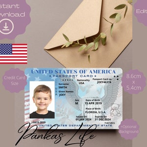 Cartão de passaporte de brincadeira de faz de conta para crianças, cartão de identificação personalizado de brincadeira imaginativa para crianças pequenas editável, modelos de viagem para jardim de infância para impressão