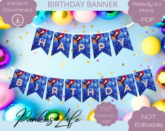 Rocket Space Happy Birthday Banner, Printable Astronaut Birthday Decorations, Flag Banner, Space Birthday Party Accessories, Rocket Gifts