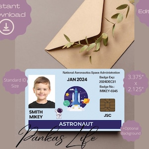 Bearbeitbares Pretend Play Astronaut Id Abzeichen für Kinder, Neuheit ID-Karte, Weltraum-Geburtstagsfeiergeschenk, Astronauten Bevorzugungen, benutzerdefiniertes Abzeichen