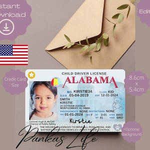 Fantasiespel VS rijbewijs voor kinderen, rijbewijssjabloon Alabama, afdrukbaar speelgoed bewerkbaar, blijf rijden, peuterspeelgoed