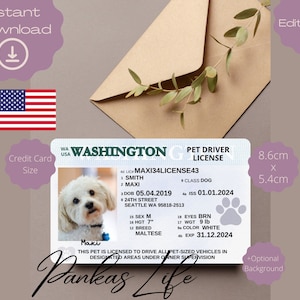 Bewerkbare Pretend Play Usa rijbewijs voor huisdieren, Washington-rijsjabloon, afdrukbaar speelgoedlicentie dieren, hondenrijbewijs, huisdier-ID