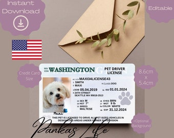 Editable Pretend Play Usa Driver License For Pets, Washington Driving Template, Animal Printable Toy Licence, Dog Driver License, Pet Id