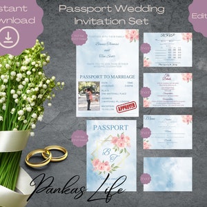 Bestimmungsort Hochzeitspass-Einladungs-Vorlagen-Set, Reise-Thema Hochzeit, druckbare Pass Hochzeitseinladung
