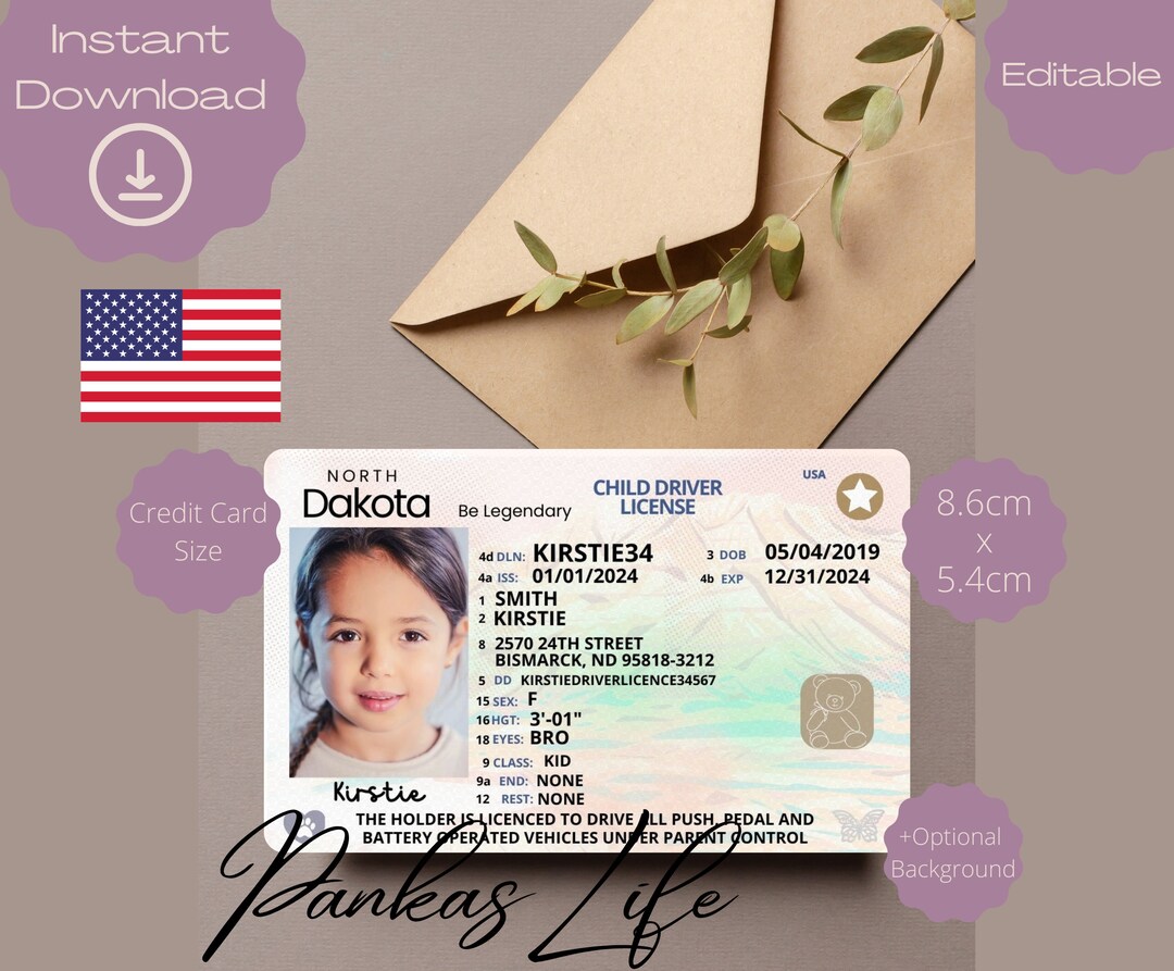 Pretend Play Usa Driver License for Kids, North Dakota Driving Licence ...